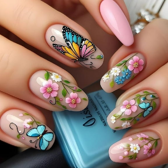 JZROCKER 24Pcs Almond Fake Nails Press On Nails Artificial Nails False Nails Glues On Nails Flower Designs French Nails Tips