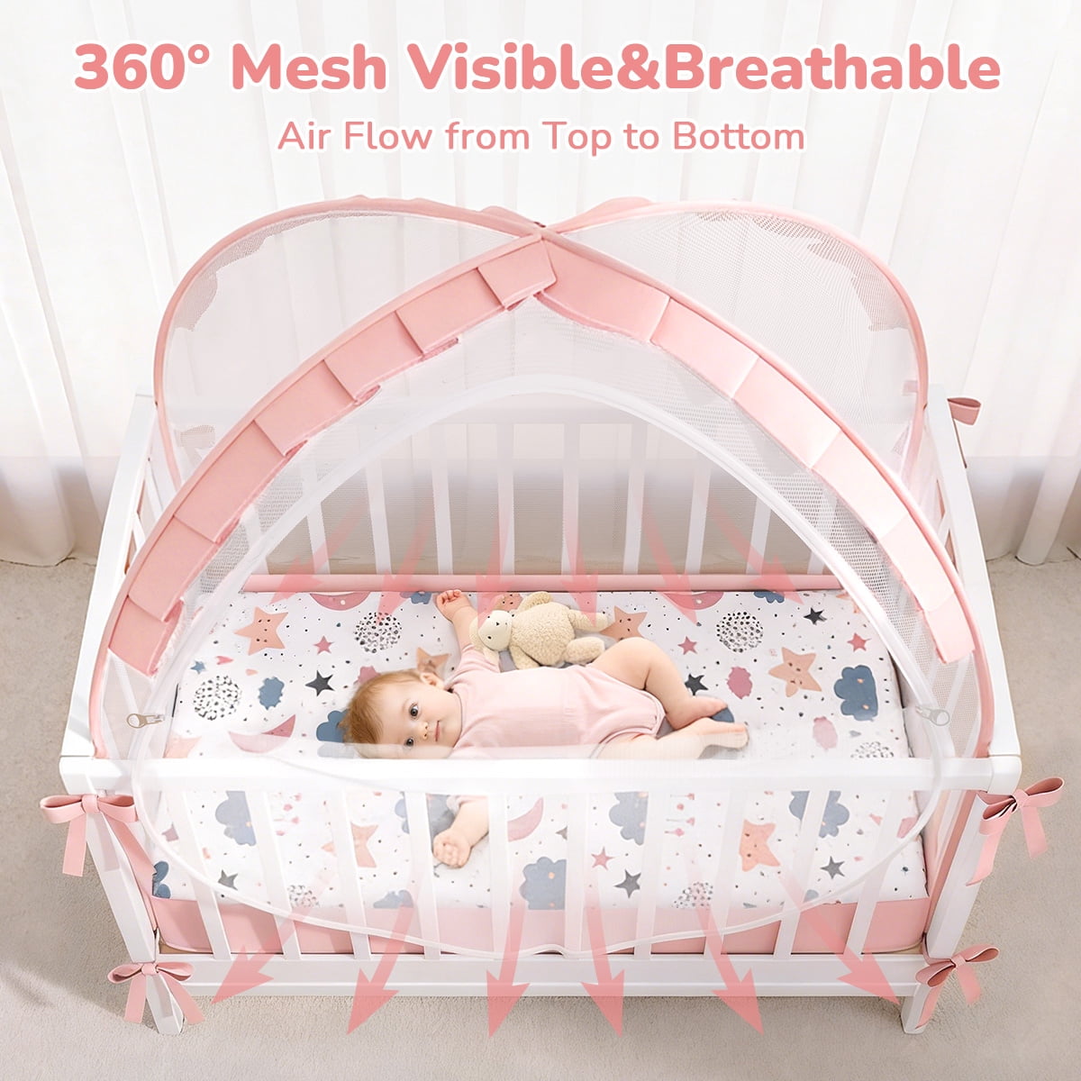 Crib Tent for Baby, Caveen Baby Crib Cover, Pop up Crib Canopy with Auto-Lock Zipper, Large Opening and Space, Portable