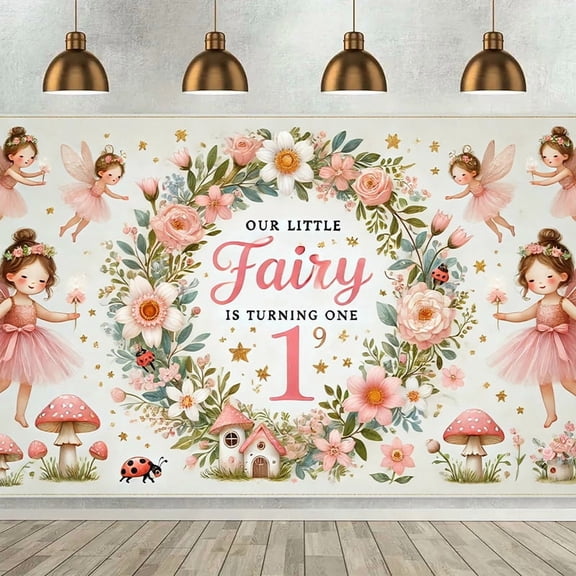 Fairy One Birthday Backdrop Our Little Fairy is Turning One Photography Background Pink Floral Garland Newborn Baby Shower Birthday Party Decorations Banner Supplies Photo Booth Props