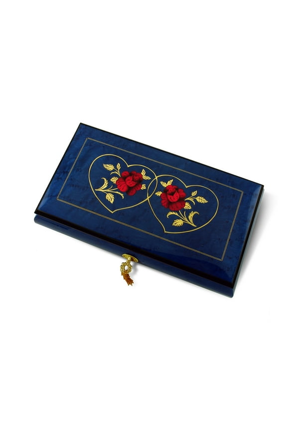 Vibrant 30 Note Royal Blue Double Red Rose and Heart Musical Jewelry Box