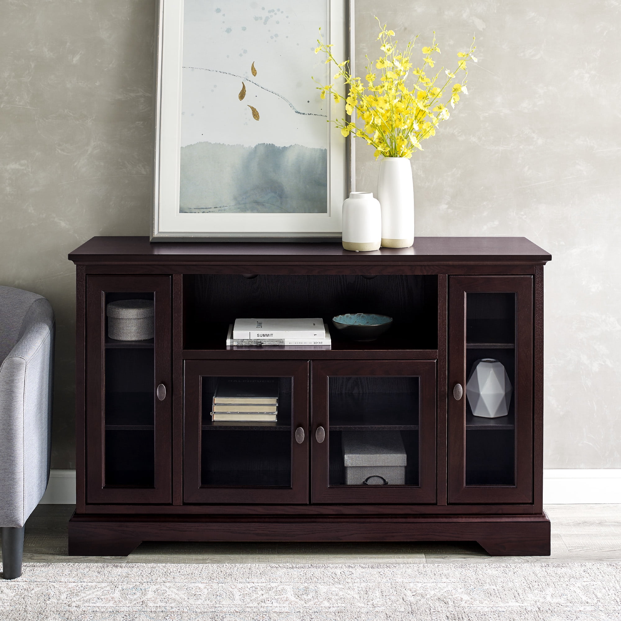Manor Park Transitional Highboy Glass Door Wood TV Stand, Espresso
