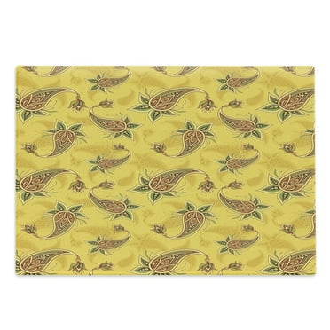 Yellow Brown Cutting Board, Continuous Themed Folkloric Paisley Like Floral Ornament, Decorative Tempered Glass Cutting and Serving Board, in 3 Sizes, by Ambesonne