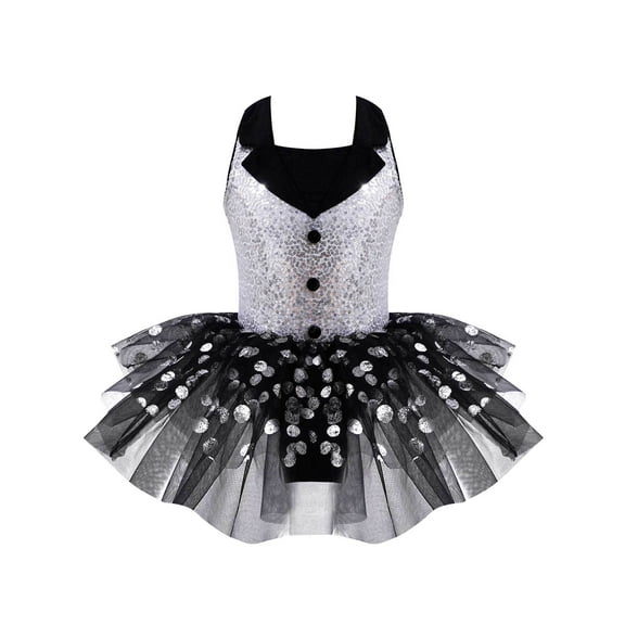 inhzoy Kids Girls Sequins Sleeveless Tutu Dress for Ballet Dance Performance Modern Latin Jazz Leotard Dress Black 12