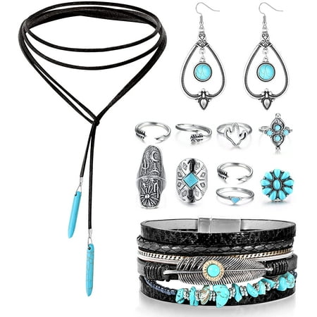 Jstyle Bohemian Turquoise Jewelry Pendant Suede Long Choker Necklace Vintage Turquoise Statement Dangle Earrings Boho Leather Cuff Bracelet with Stackable Knuckle Rings Set for Women