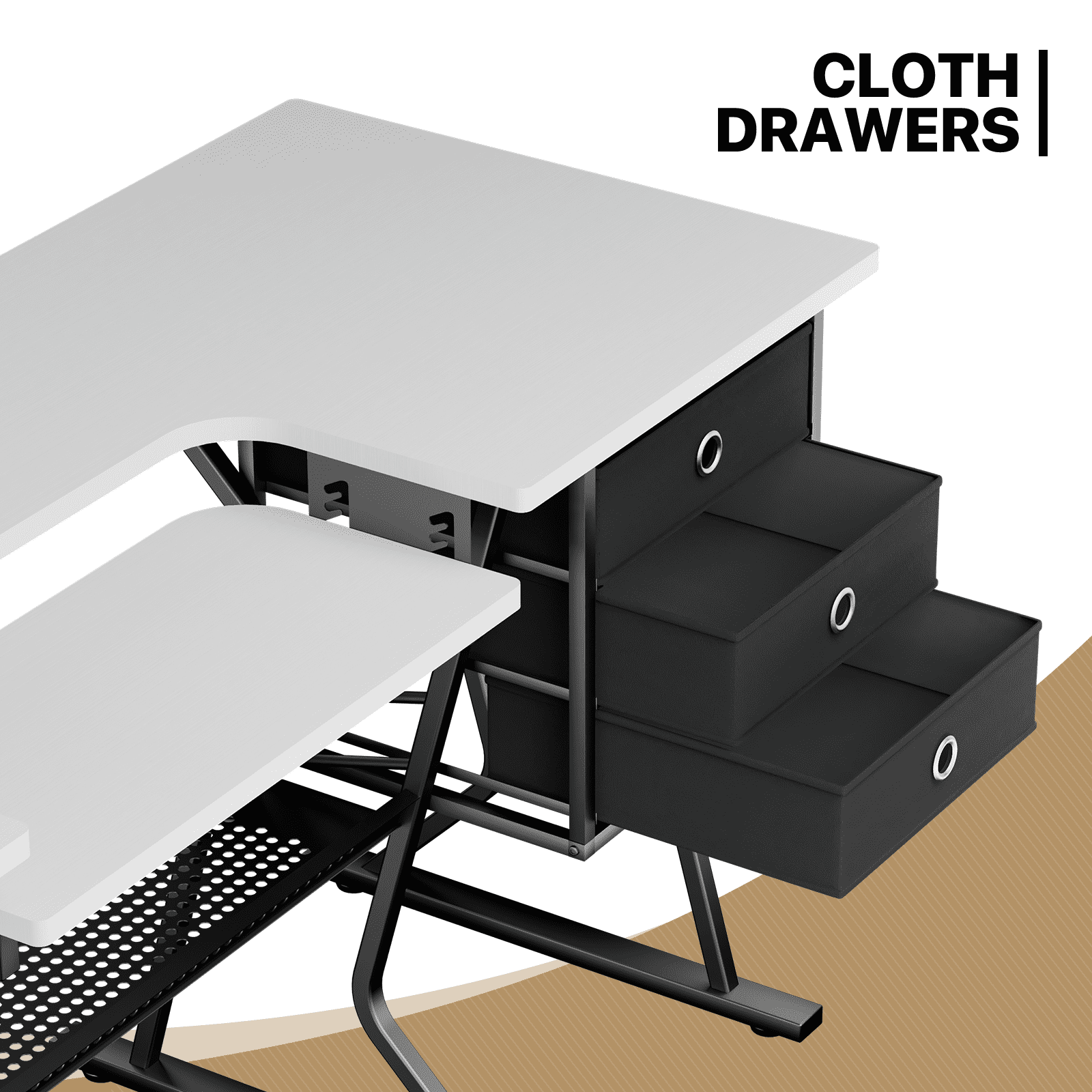 MoNiBloom Sewing Machine Table with Fold-Down Top, Height Adjustable Platform Craft Table with Storage Shelves & Drawers, White