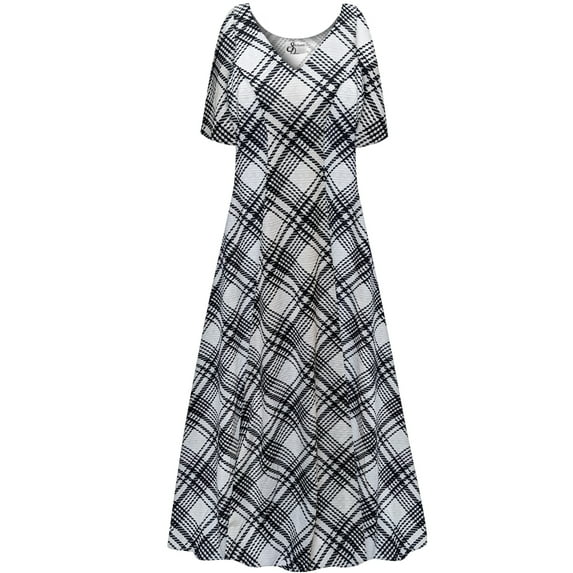 Plus size 2x Tall Womens Dress Monochrome Plaid Short Sleeve High V-Neck Princess Cut