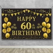 Trgowaul 60th Birthday Backdrop MMF7Gold and Black 5.9 X 3.6 Fts Happy Birthday Party Decorations Banner for Women Men Photography Supplies Background Happy Birthday Decoration