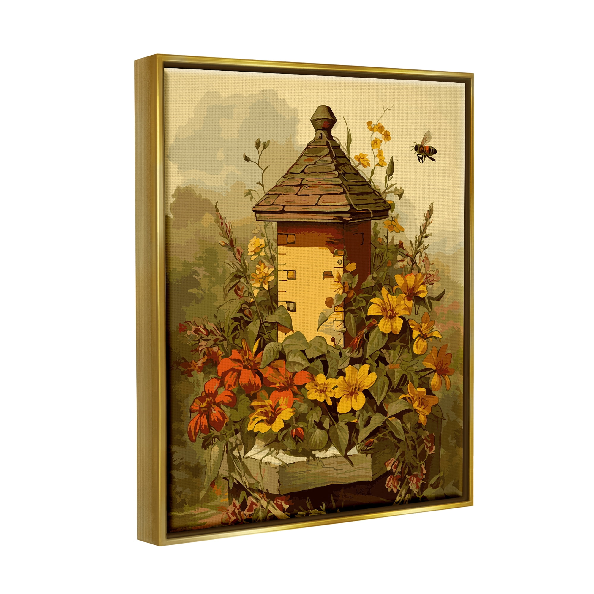 Stupell Industries Bees & Floral Architecture Botanical & Floral Painting Gold Floater Framed Canvas Art Print Wall Art, 17 x 21
