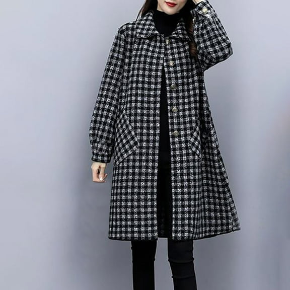 YOTAMI Mid-Length Warm Wool Blend Coat for Women Plaid Print Fall Peacoat for Casual Lapel Single Breasted Coat
