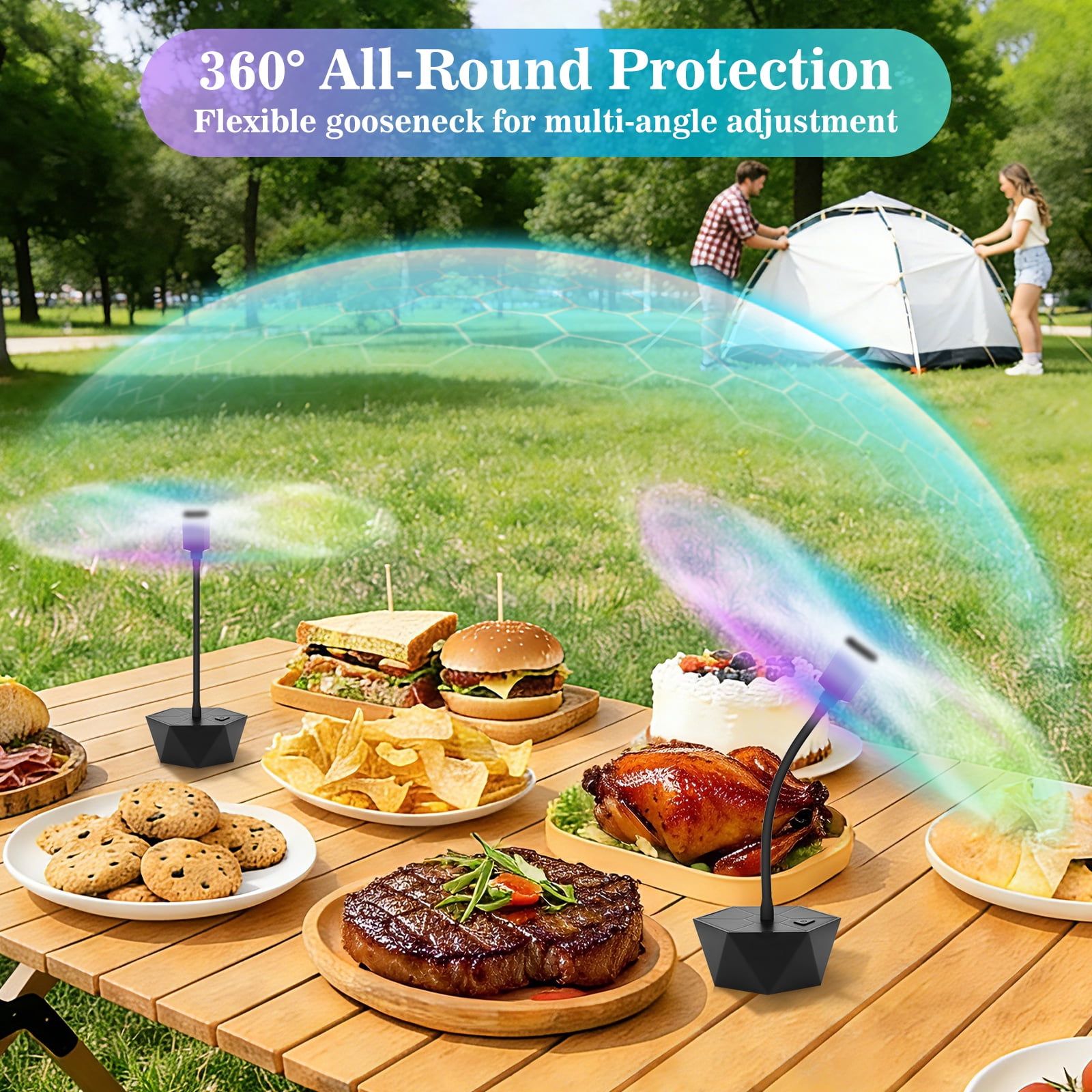 HKKDKTA Fly Fans for Tables, 4 packs Fan Portable with Holographic Blades and Hooks, Batteries Powered Table Fan for BBQ, Party, Kitchen and Picnic