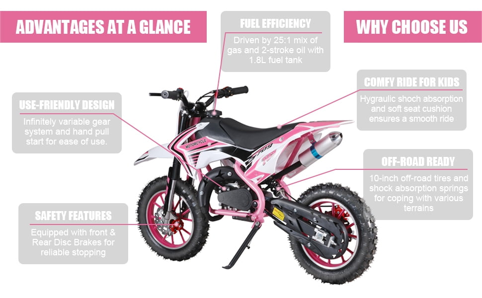 WETLA 49cc Kids Dirt Bike - 2-Stroke Gas-Powered Mini Motorcycle, Off-Road Motocross w/Disc Brakes (Pink)