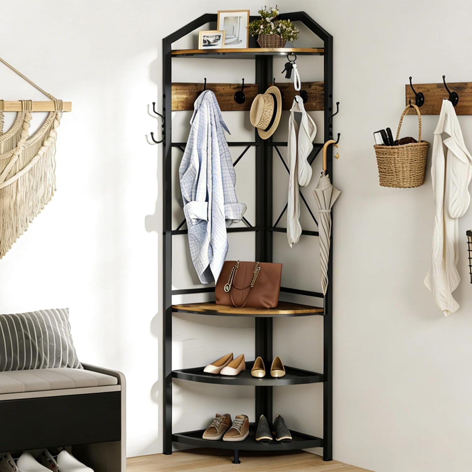 Corner Hall Tree with Shoe Bench Entryway Coat Rack with 10 Metal Movable Hooks Floor Standing Clothes Rack Shoes Shelf Organizer for Home Office Bedroom