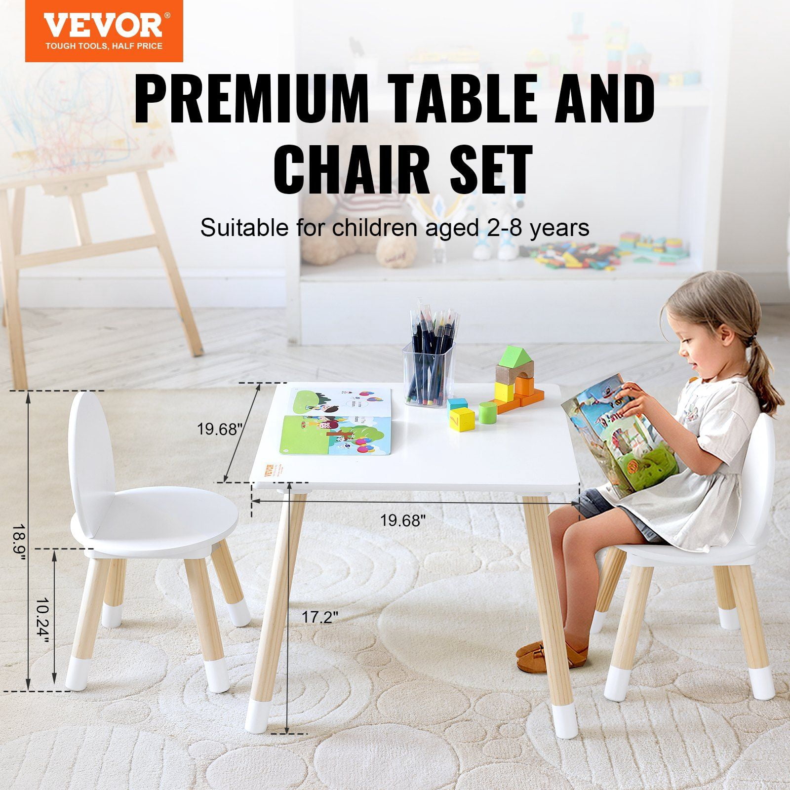 Kids Table and 2 Chairs Set for Ages 2–8, Solid Wood Legs, Curved Edge Design, Easy-to-Clean Surface, Multi-Activity Toddler Table for Drawing, Reading, Crafting, Playroom or Daycare Use