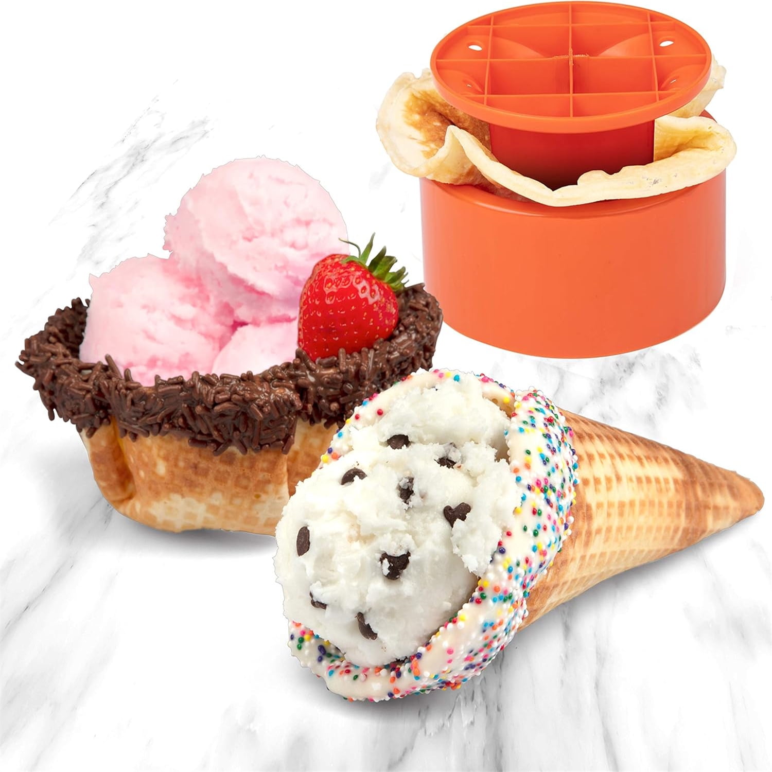 Waffle Cone and Bowl Maker- Includes Shaper Roller & Bowl Press- Homemade Ice Cream Cone Treat Baking, Cookie Iron Machine, Portable Electric Kitchen Appliance for DIY Sundae Parties, Gift