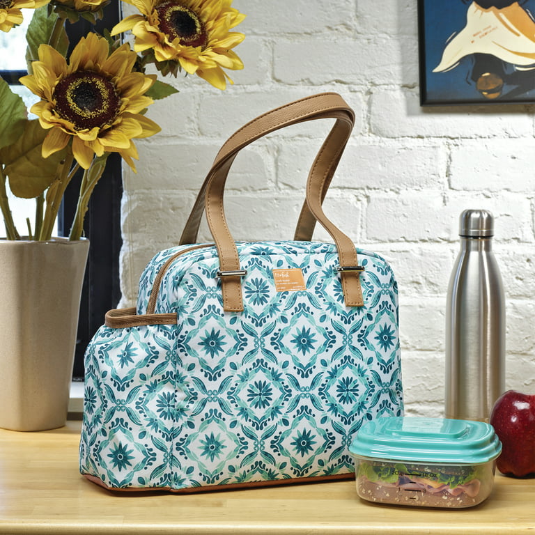 L.O.T.G. Insulated Lunch Tote with Food Storage Container- Aqua Floral Diamonds, Green