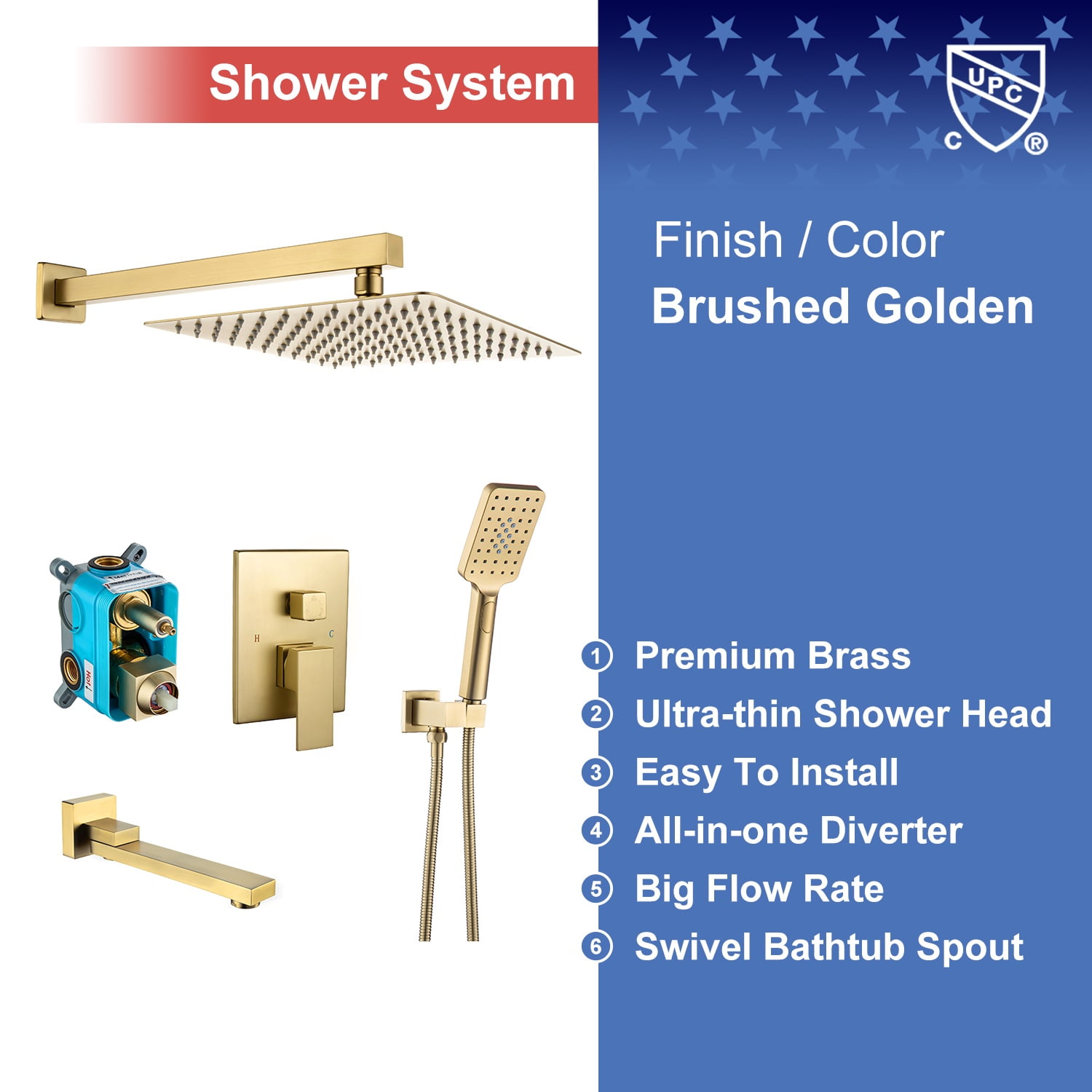 Rainlex One-Handle 1-Spray Setting Brushed Gold Bathtub Shower Faucet