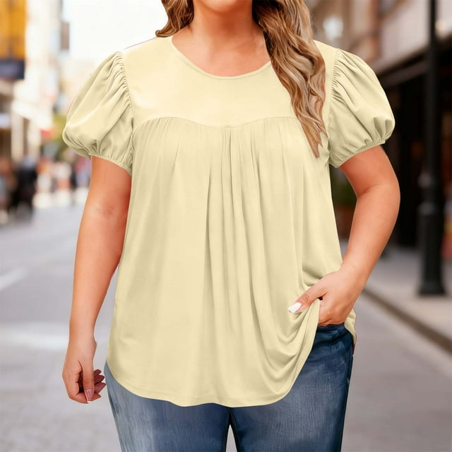 Miqool Blouses pour Femmes Grande Taille Manches Courtes Col Rond T-Shirts Plissés Amples Décontractés d'Été Boho