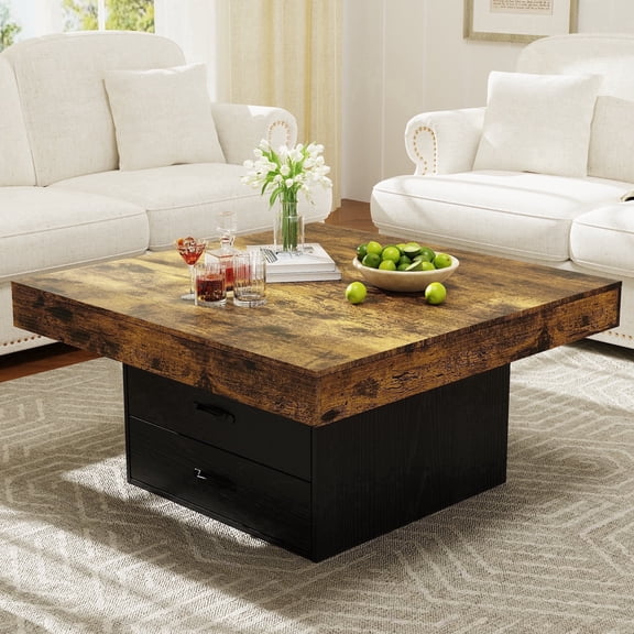 35.43" Coffee Table, Holaki Farmhouse Square Coffee Table with 2 Large Storage Drawers and LED Light, Thick Tabletop Wooden Coffee Table for Living Room Office, Black