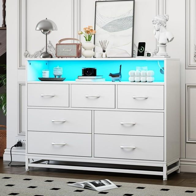 7-Drawer Dresser with Charging Station & LED Lights, Modern Wooden