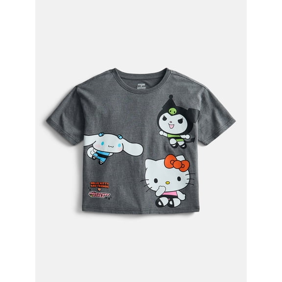 The Powerpuff Girls x Hello Kitty and Friends Girl’s Boxy Mineral Washed Graphic Crewneck Tee with Short Sleeves, Sizes 4-16