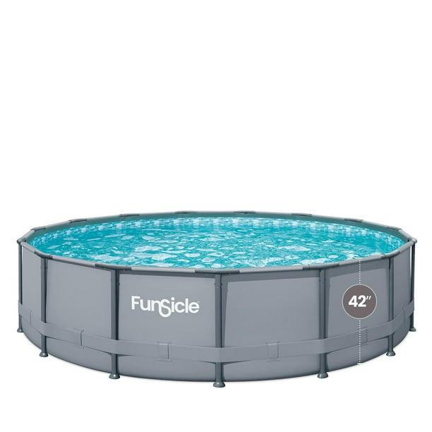 Funsicle 15ft Oasis Round Above Ground Frame Pool, Gray, SkimmerPlus Pump, Ladder & Cover, Age 6 & up, Round above ground pool