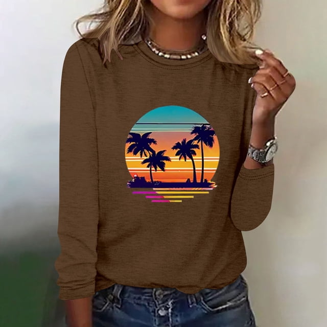 EQWLJWE Chemises à Manches Longues pour Femmes Mode Printemps Imprimé Manches Longues Col Rond Tee Décontracté Hauts Vêtements d'Automne pour Femmes