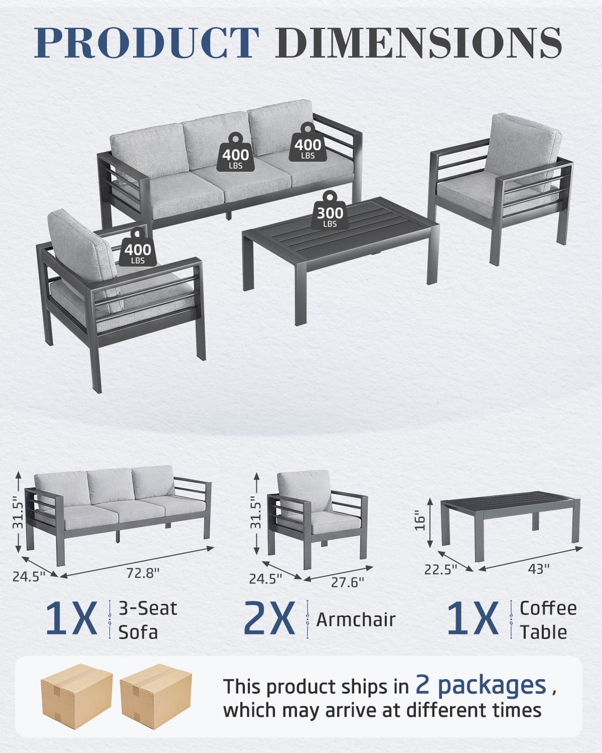 AECOJOY Aluminum Patio Furniture Sets,4 Pieces Outdoor Metal Conversation Sectional Sofa with Coffee Table, Grey