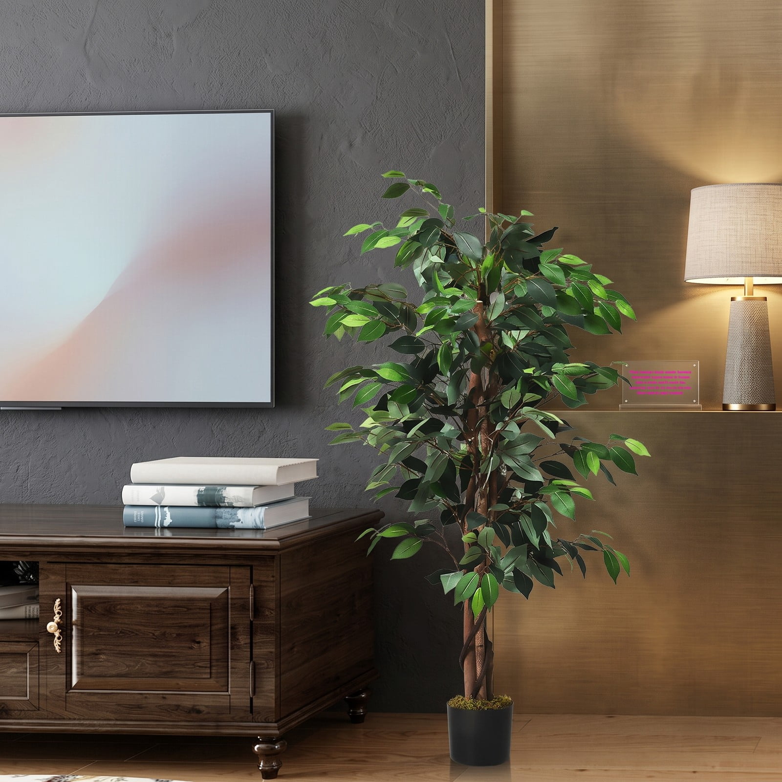 ALPULON 4 Feet Artificial Ficus Silk Tree, Indoor Outdoor Faux Ficus Plant with 504 Leaves, Hardwood Trunk and Cement Base Potted Fake Tree for Home Office, Green