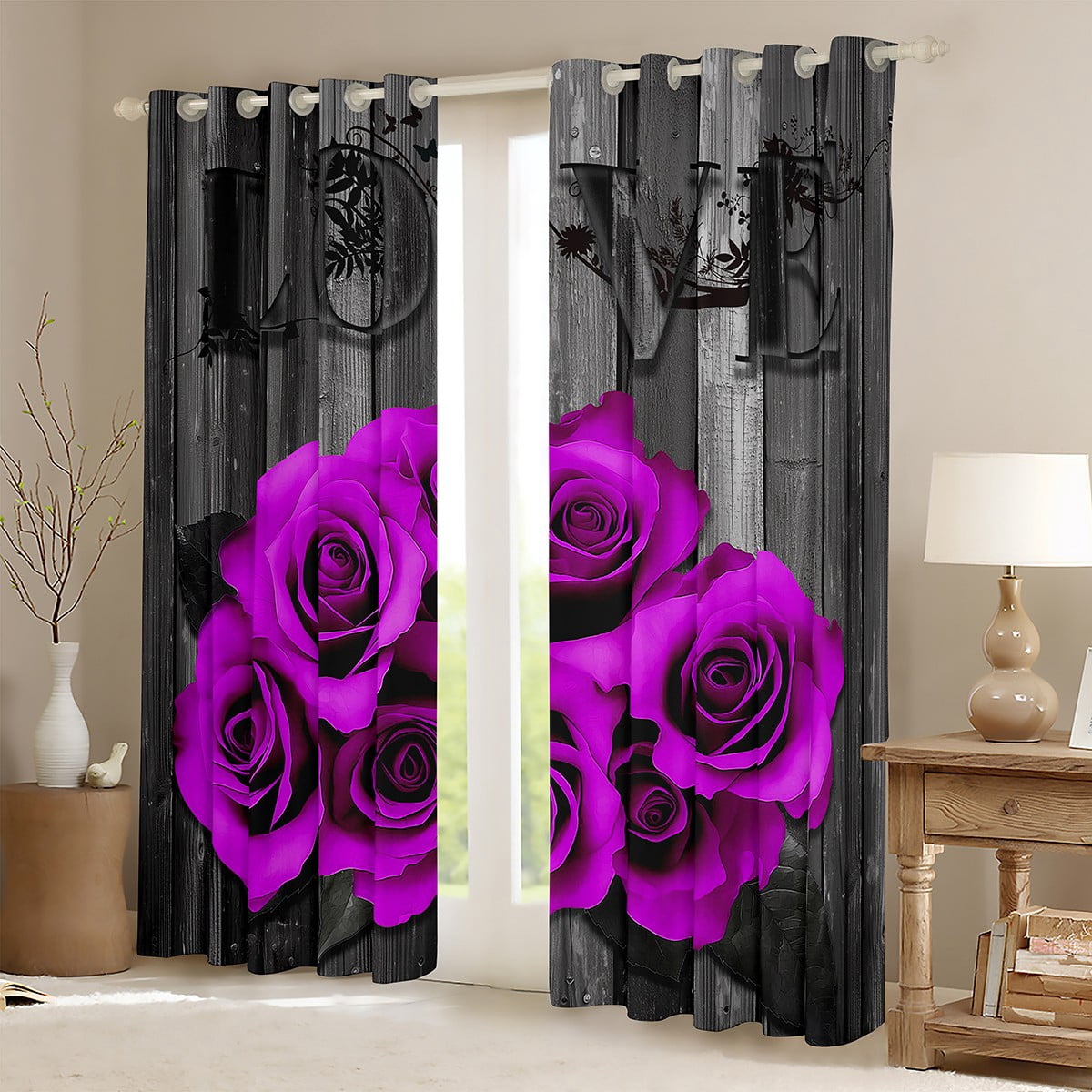 Purple Rose Window Curtains 42"Wx90"L Purple Black Romantic Floral Blackout Curtains Women Valentine'S Day Flower Window Curtains Retro Rustic Farmhouse Rose Window Treatments 2 Panels