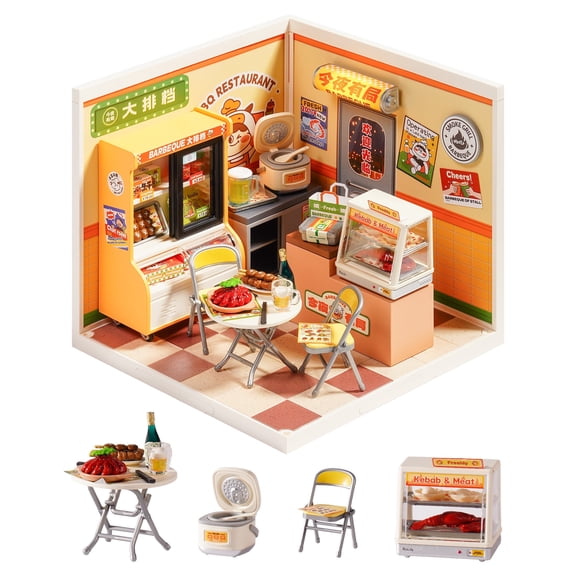 ROBOTIME Super Creator DIY Miniature House Kit,Mini Dollhouse Building Set,Tiny Home Craft Kits with LED,Gifts for Teens Adults(Night Out Food Stall)