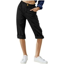 SwiftWear Women's Cotton-Linen Capris High Waist w/Gold Button & Pockets | Loose Fit Lounge & Casual Wear Essential S-3XL