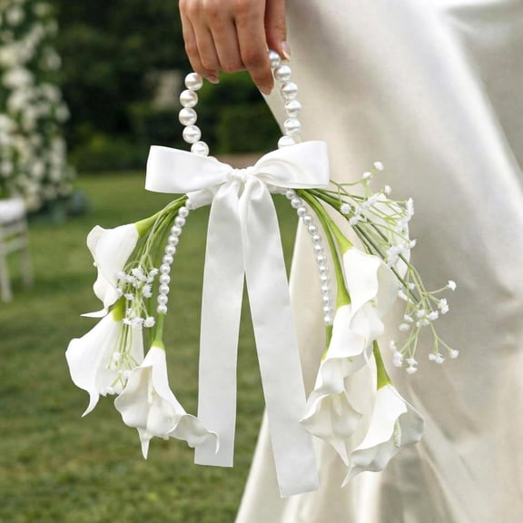 1PCS White Rose Bridal Bouquet with Pearl Handle, Bridal Pearly Bouquet with Flowers with Pearl Bead for Wedding Party Church Bridesmaid