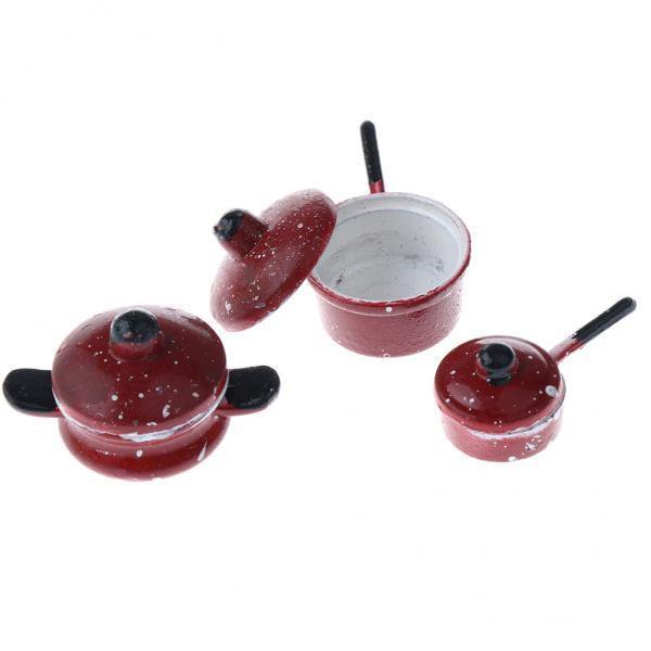 Juego de Utensilios de Cocina de sartén Roja Zulema con de metal de 3 piezas en miniatura Cocina decoración DIY Escala 1/12