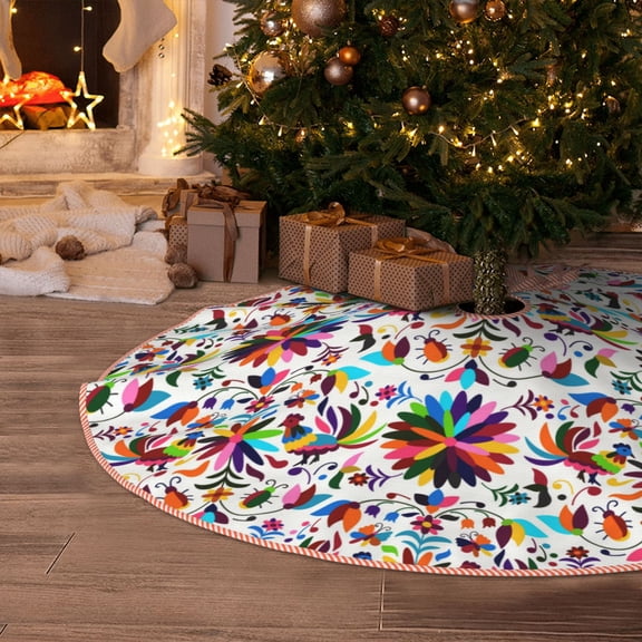 Halloween Christmas Tree Skirt - Mexican Bright Style 30 Inches Christmas Tree Skirt for Halloween Holiday Indoor Home Christmas Tree Decorations with Three Ribbons