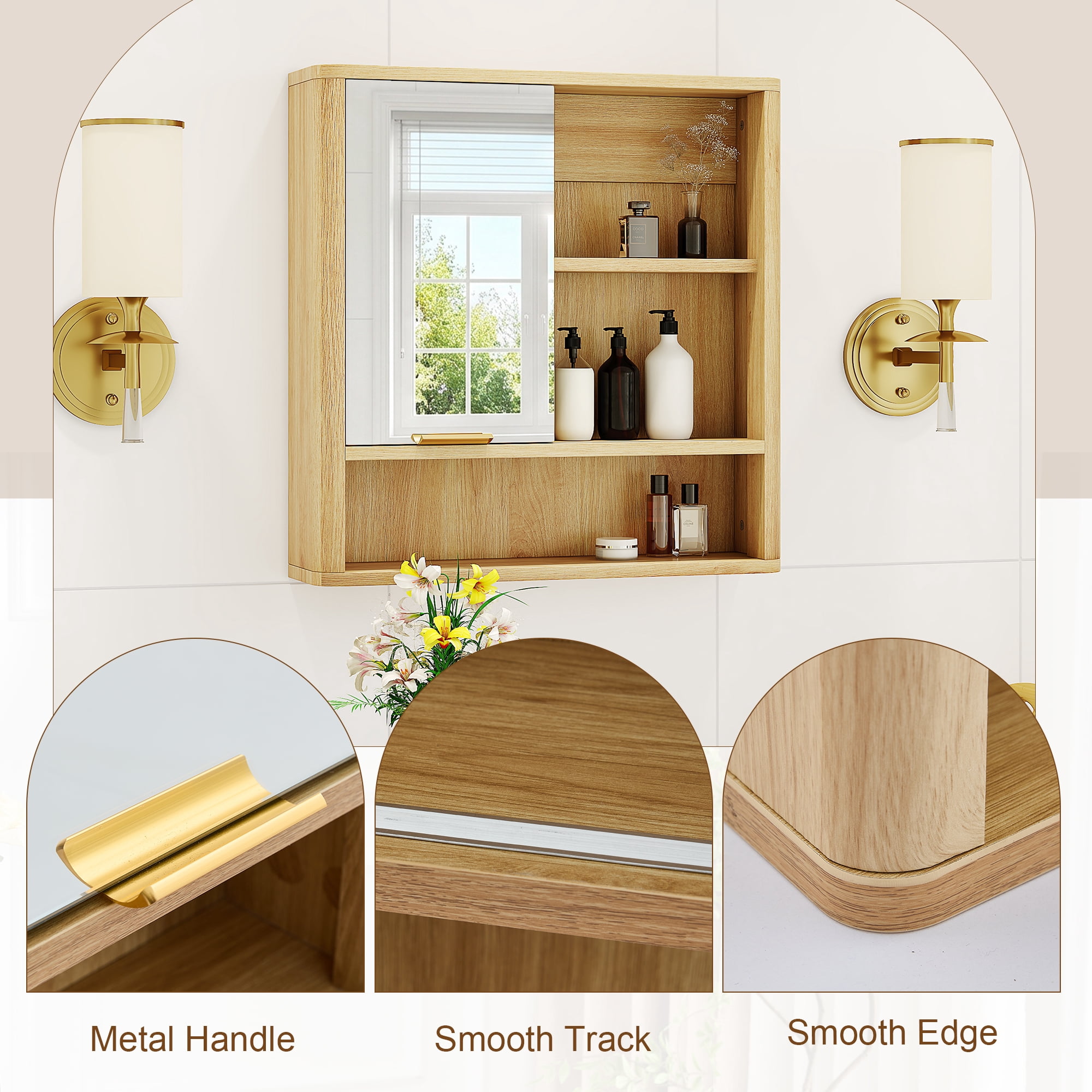 Leumius Wall Mounted Mirror Cabinet,Bathroom Storage Cabinet with Single Door and Open Shelves, Multipurpose Wall Organizer for Bathroom Vanity Laundry Room Natural