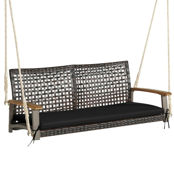 Costway Columpio Colgante De Mimbre Para Exteriores Con Cojín De Asiento Suave Y Cuerdas Para Colgar, Capacidad De Peso De 360 KG, Adecuado Para Patio Trasero, Jardín, Porche