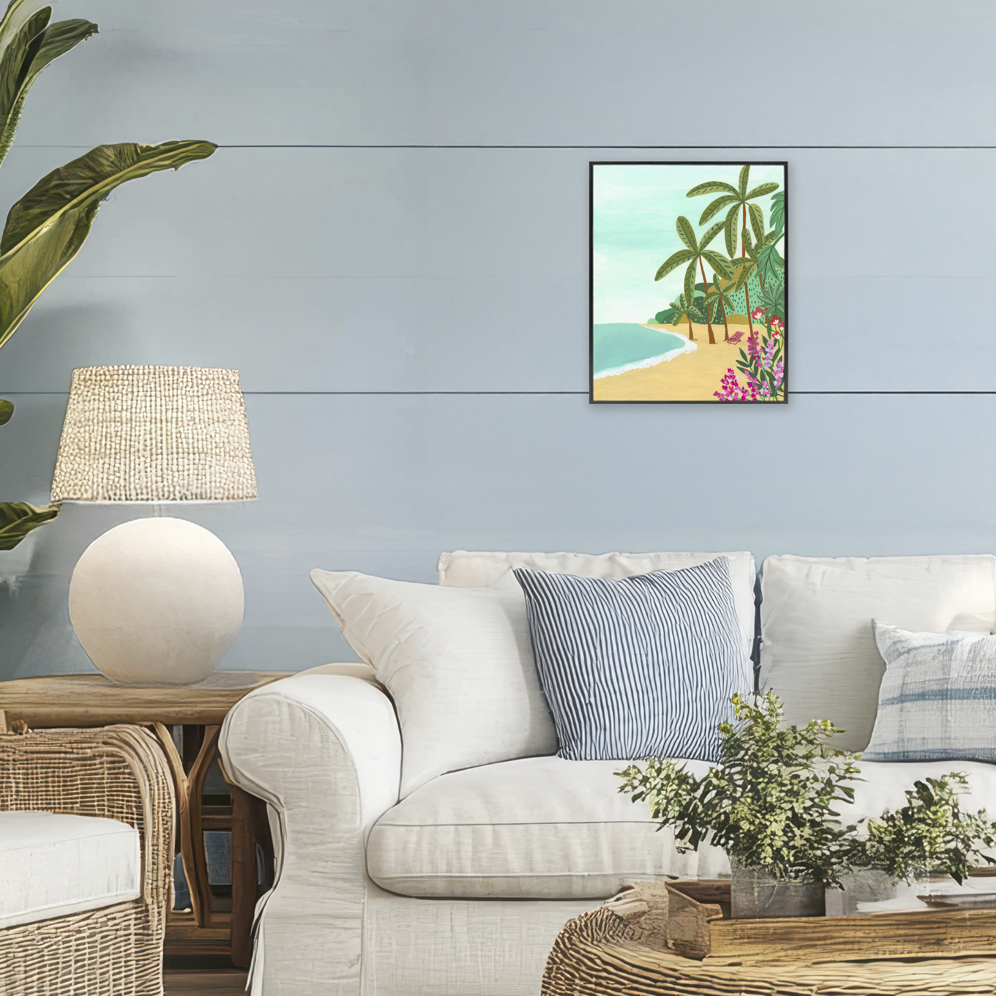 Palm Filled Shoreline Black Framed Giclee Art, design by Nabeela Rumi