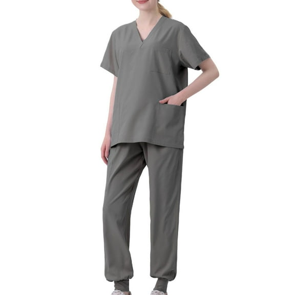 Scyoekwg Scrubs for Women Set Uniform Outfits Casual Sweatsuits Sets Trendy Solid Color Loose Short Sleeve Scrub V-Neck Scrub Tops Long Jogger Pants (Gray,XXL)