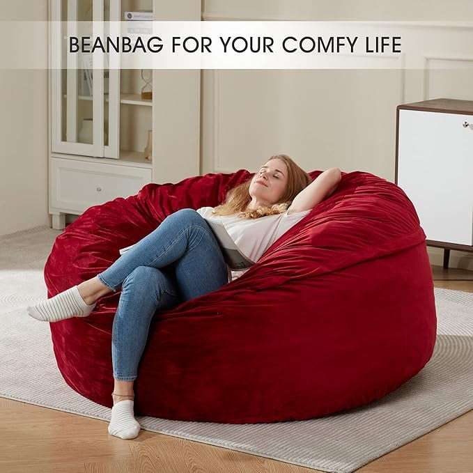 Red Bean Bag Chair 6FT Big Bean Bag Chairs for Adults with Pull Tab and Pocket Memory Foam Filled Fluffy Bean Bag Chair Machine Washable Velvet