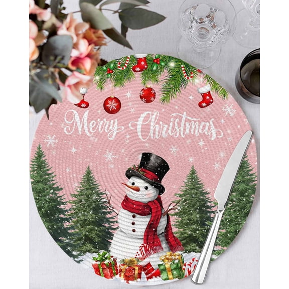 15 Inch Round Placemats Set of 4, Pink Christmas Non Slip Heat Insulation PP Table Mats, Xmas Tree Ball Snowflake Winter Gifts Washable Place Mats for Kitchen Dining Party Table Decor