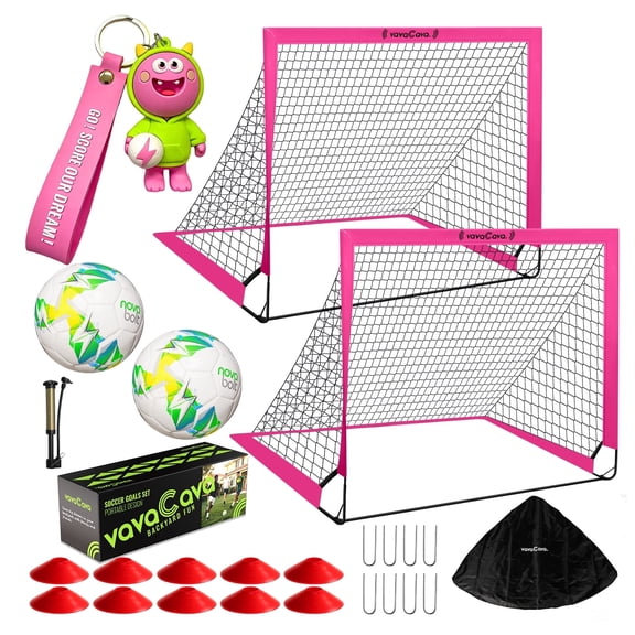 VavaCava 4x3' Size Portable Soccer Goals Set for Backyard Fun, 2 Nets, 2 Size 3 Balls,10 Marker Cones,Pump & Carry Bag, Outdoor Games for Backyard Beach Park Lawn, Kids Soccer Training Equipment,Pink