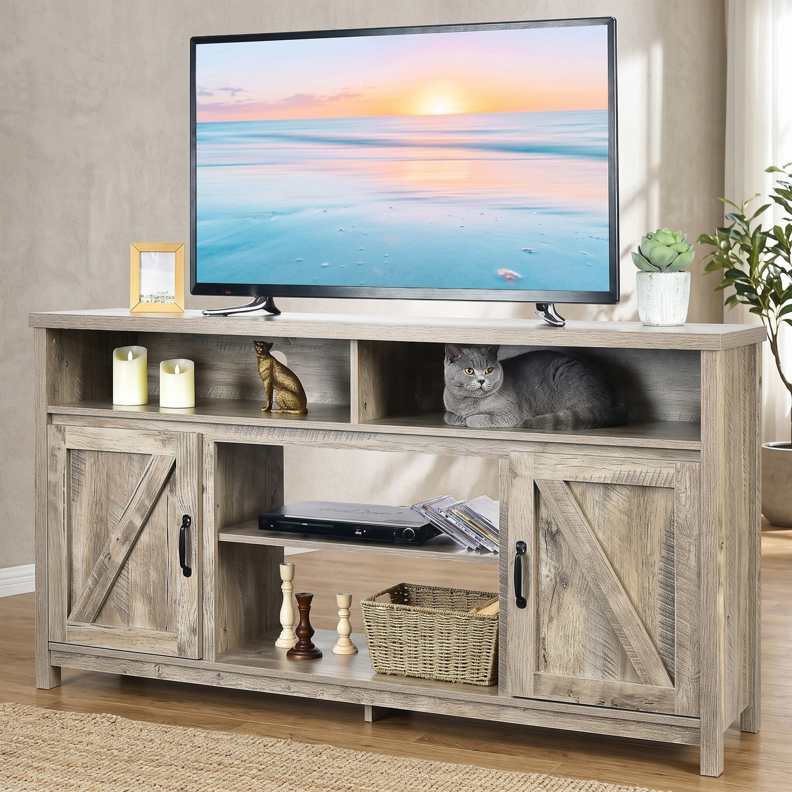 Furnibear 59 Inch TV Stand Media Console Cabinet with Barn Door for 65 Inch TVs, Wood Entertainment Center with Adjustable Shelves and Cable Management, Natural Brown