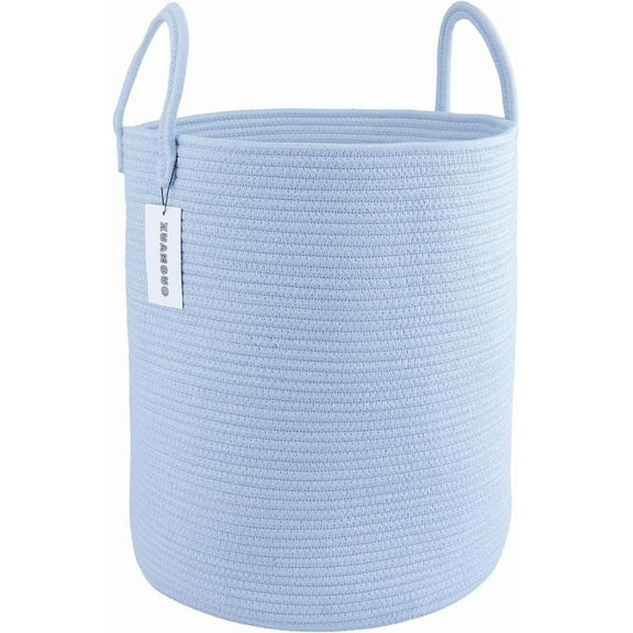 WarmHaven Cotton Rope Laundry Basket Hamper for Clothes Woven Storage Basket for Living Room Bedroom Boho Tall Rope Baskets for Blanket Toys Pillow Towels Baby Nursery Hamper Bin light blue