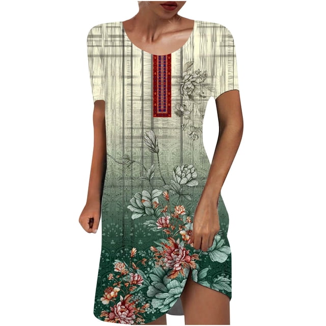 fartey Robes d'Été pour Femmes 2025 Imprimé Floral Tendance Robes Mini Confortables Col Rond Manches Courtes Décontractées Vacances Plage