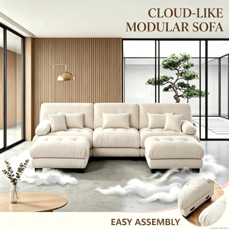 ANPPORT Cloud Couch Sleeper Sofa, Chenille Light Coffee 3-Seater Modular Sofa with 2 Ottomans, 3 Lumbar pillows,2 Pillows, Comfy Deep Seat Cloud Sofa, Convertible L-Shaped Floor Couch for Living Room