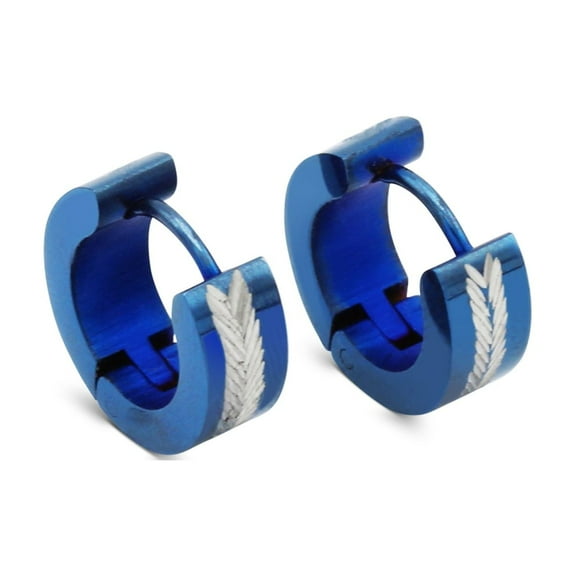 BEBERLINI Men Huggie Hoop Earrings Stainless Steel Blue Fashion Jewelry Gift Silver Etch