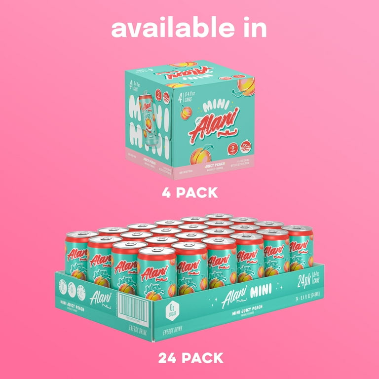 Alani Nu Sugar Free Energy Drink Mini, Juicy Peach, 8.4 fl oz, 4