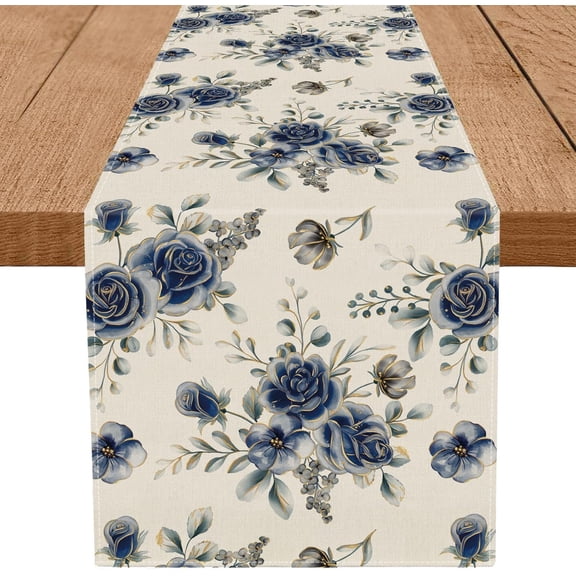 GPGHE Spring Table Runner Blue Rose Flowers Table Runners Seasonal Farmhouse Kitchen Dining Table Decoration Indoor Outdoor Party Supply 13 x 90 Inch