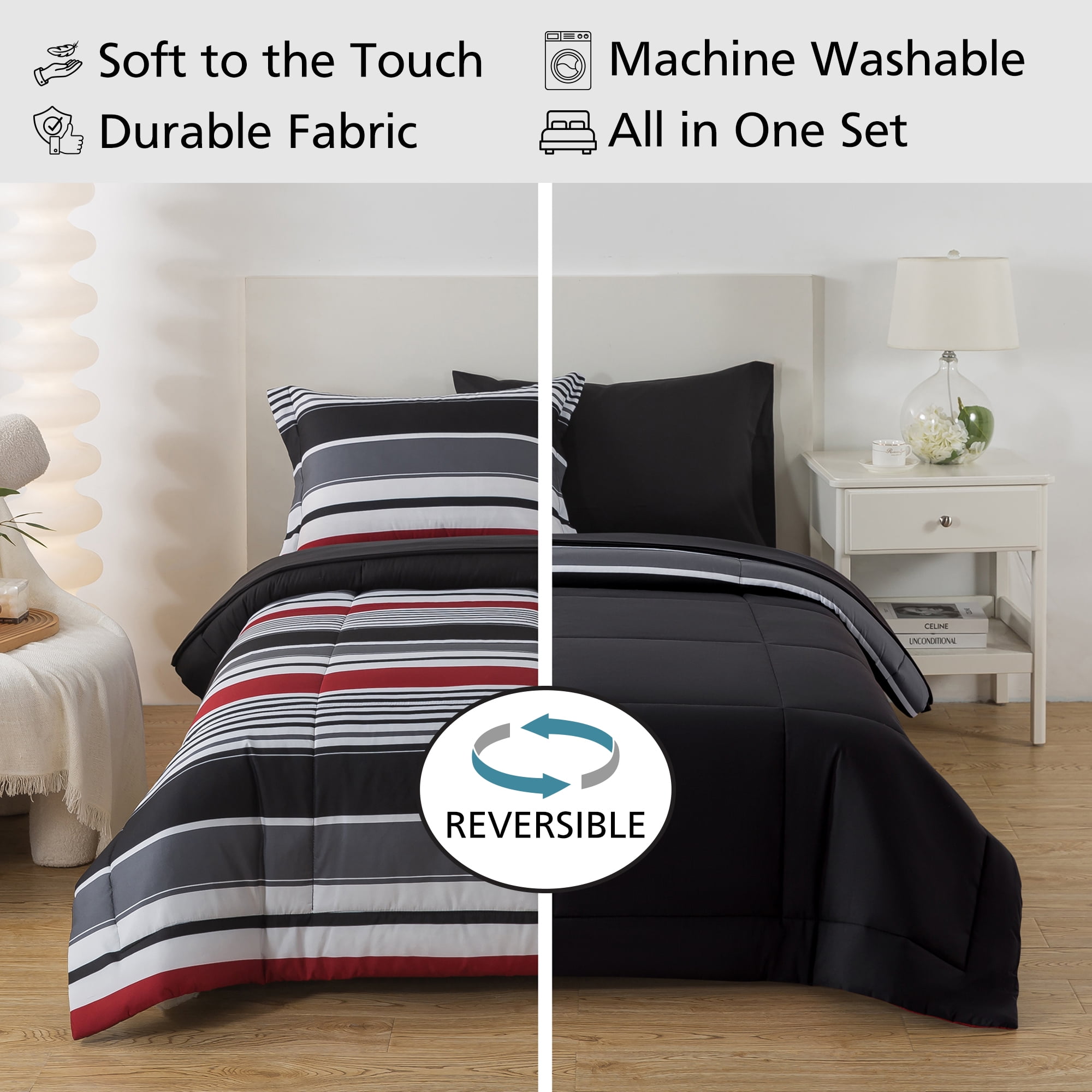 Mainstays All in One Reversible Comforter and Sheet set- 5 Piece, Twin, Red and Black Stripe