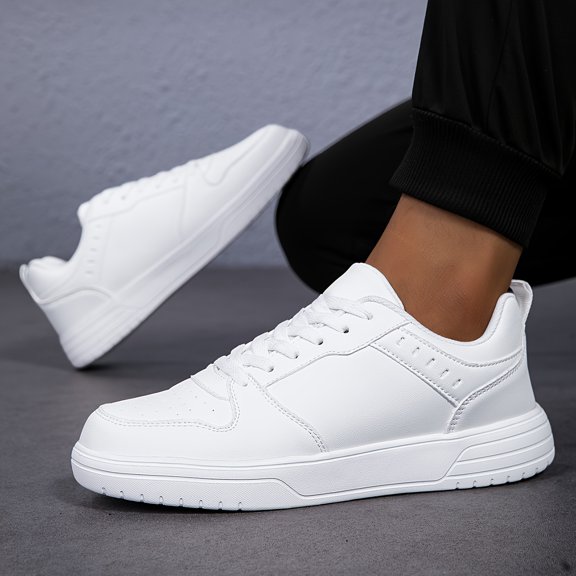 Men's Lightweight Lace-Up Casual Sneakers - Fashionable Solid White Low-Top Skate Shoes with Anti-Slip Durable EVA Soles, Solid-Color Microfiber Upper and Fabric Lining, Round-Toe Casual Running